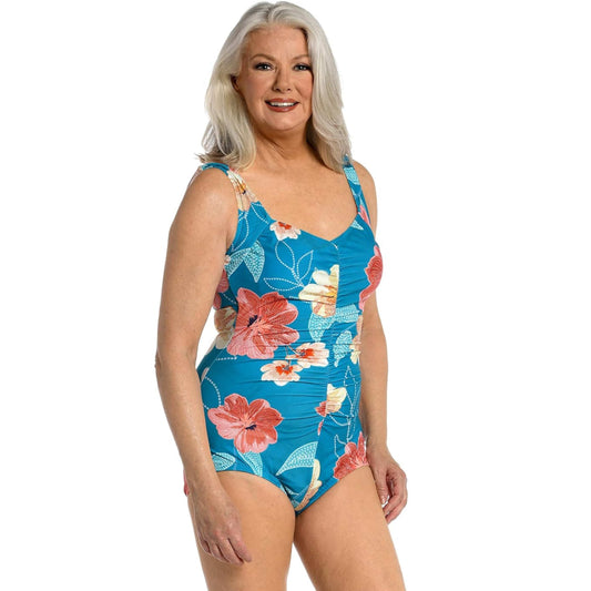 MAXINE OF HOLLYWOOD Womens Swimwear L / Multi-Color MAXINE OF HOLLYWOOD -  Shirred Front Girl Leg One Piece Swimsuit