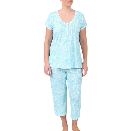 MISS ELAINE Womens Pajama S / Blue MISS ELAINE - Short Sleeve Top & Cropped Pant Printed Pajama Set