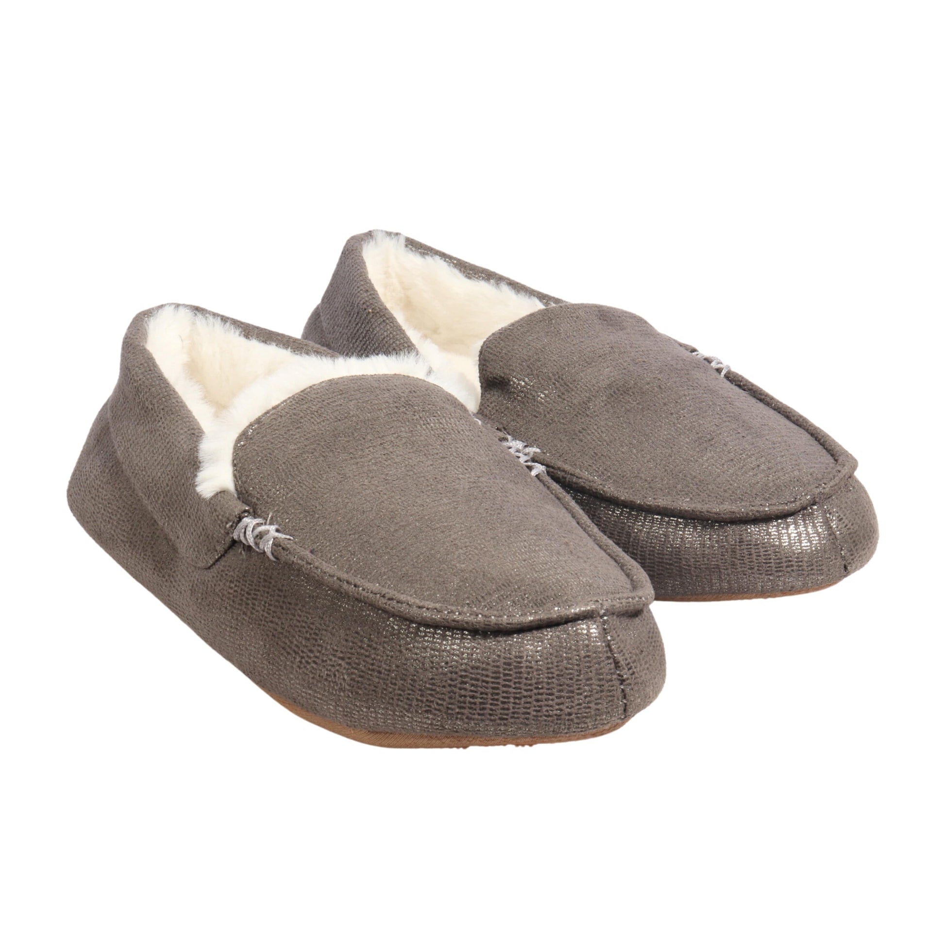 MIXIT Womens Shoes 36-37 / Silver MIXIT - Metallic Pewter Moccasins Faux Fur Lined Slippers