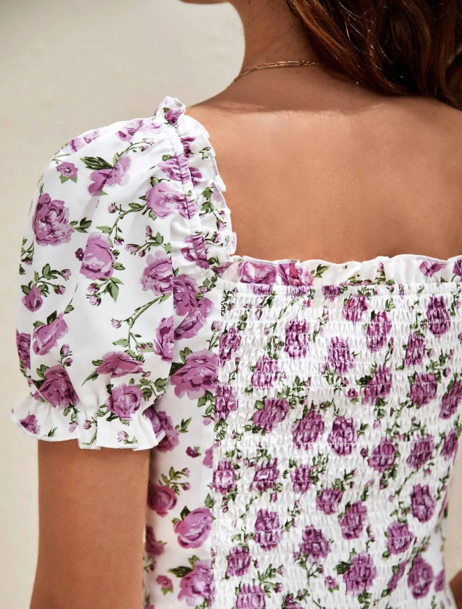 SHEIN - Floral Print Sweetheart Neck Puff Sleeve Blouse