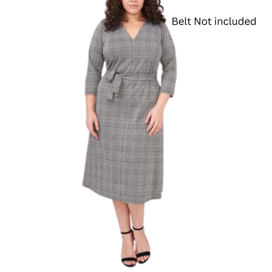 MSK Womens Dress XXXXL / Grey MSK - Belted Plaid 3/4 Sleeve V Neck MIDI Wear to Work Sheath Dress