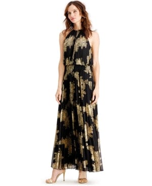 MSK Womens Dress MSK - Petite Pleated Gold-Print Gown