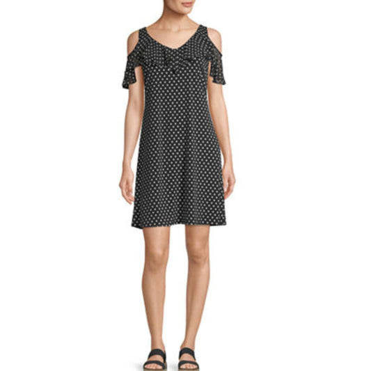 MSK Womens Dress Petite L / Multi-Color MSK - Ruffle Cold Shoulder Dot Shift Dress