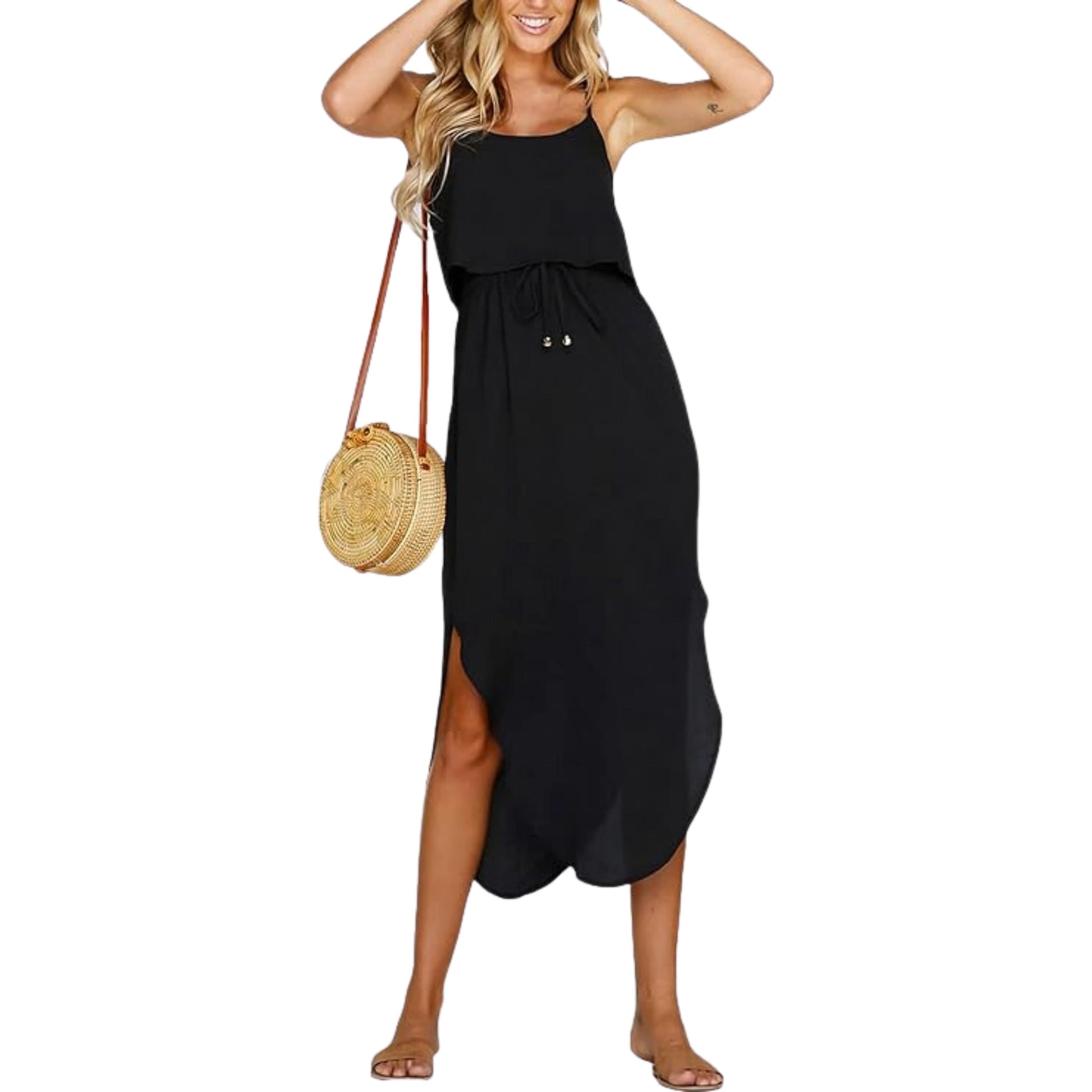 NERLEROLIAN Womens Dress L / Black NERLEROLIAN - Adjustable Strappy Split Summer Beach Casual Midi Dress