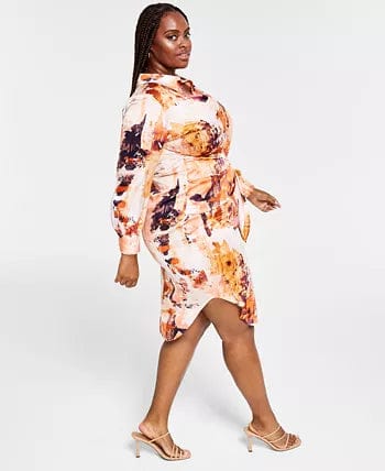 NINA Womens Dress XXL / Multi-Color NINA - Printed Satin Tie-Front Shirtdress