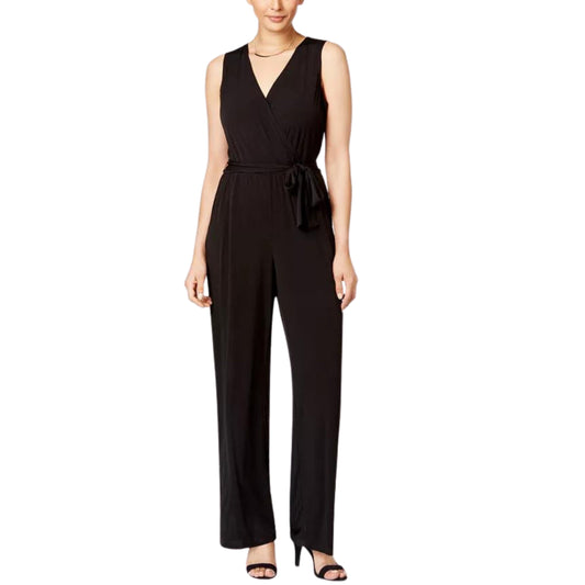NY COLLECTION Women Overalls Petite XL / Black NY COLLECTION -  Surplice Belted Wide-Leg Jumpsuit
