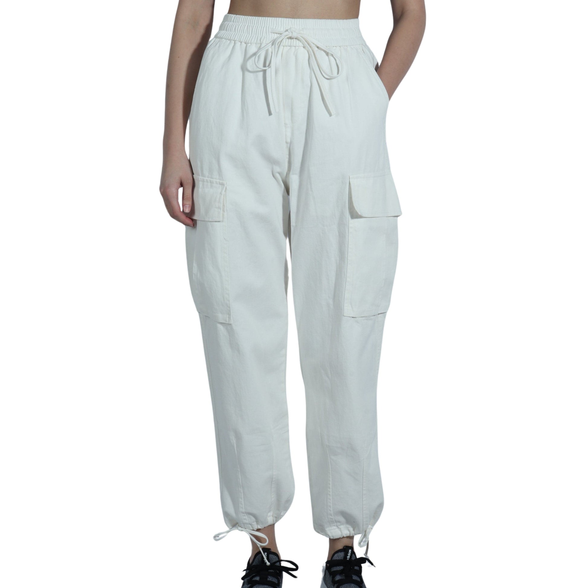 OREETA Womens Bottoms S / White OREETA - Solid Flap Pocket Side Drawstring Hem Cargo Pants