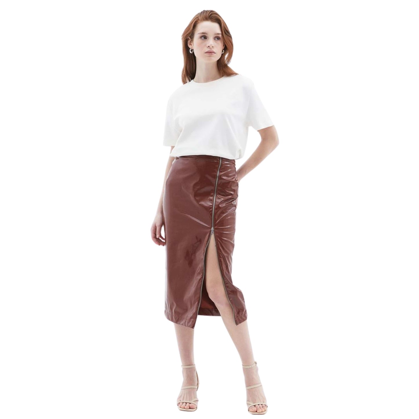 OXXO Womens Bottoms XL / Brown / 44 OXXO - Zipper Detailed Patent Leather Skirt