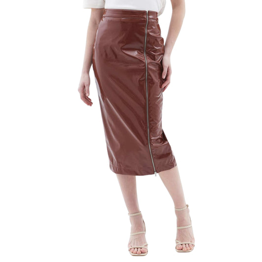 OXXO Womens Bottoms XL / Brown / 44 OXXO - Zipper Detailed Patent Leather Skirt