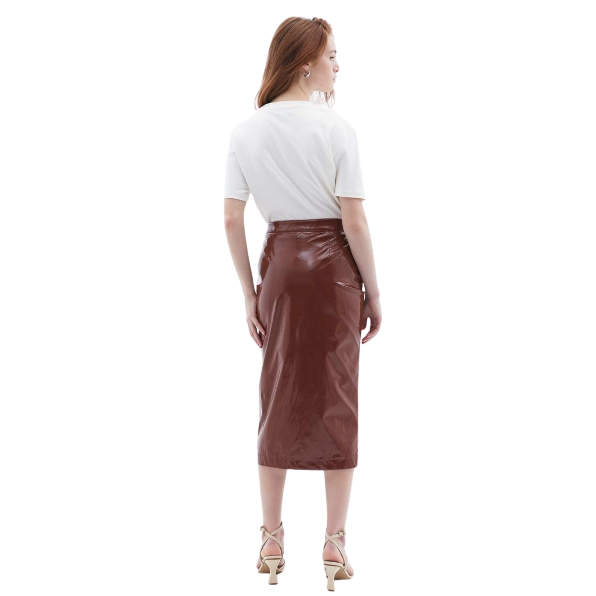 OXXO Womens Bottoms XL / Brown / 44 OXXO - Zipper Detailed Patent Leather Skirt