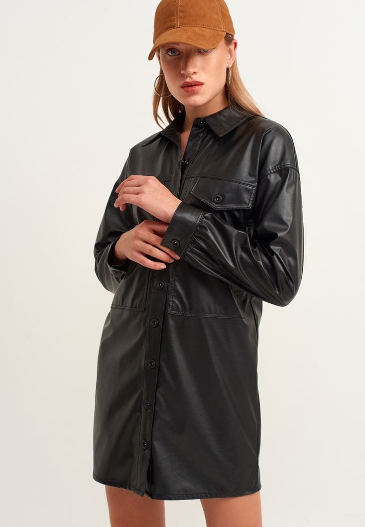 OXXO Womens Dress OXXO -  Vegan Leather Shirt Dress