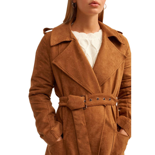 OXXO Womens Jackets OXXO - Belted Vegan Suede Trench Coat