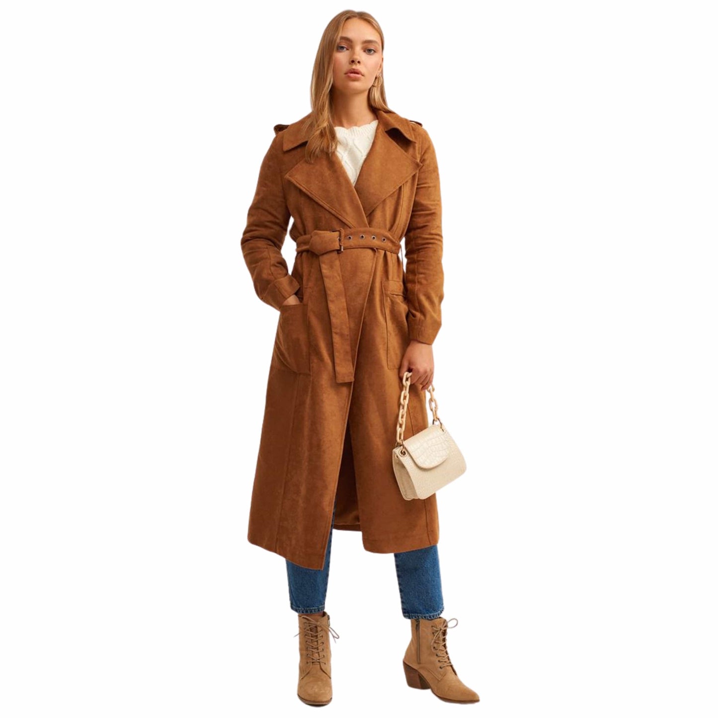 OXXO Womens Jackets L / Brown OXXO - Belted Vegan Suede Trench Coat