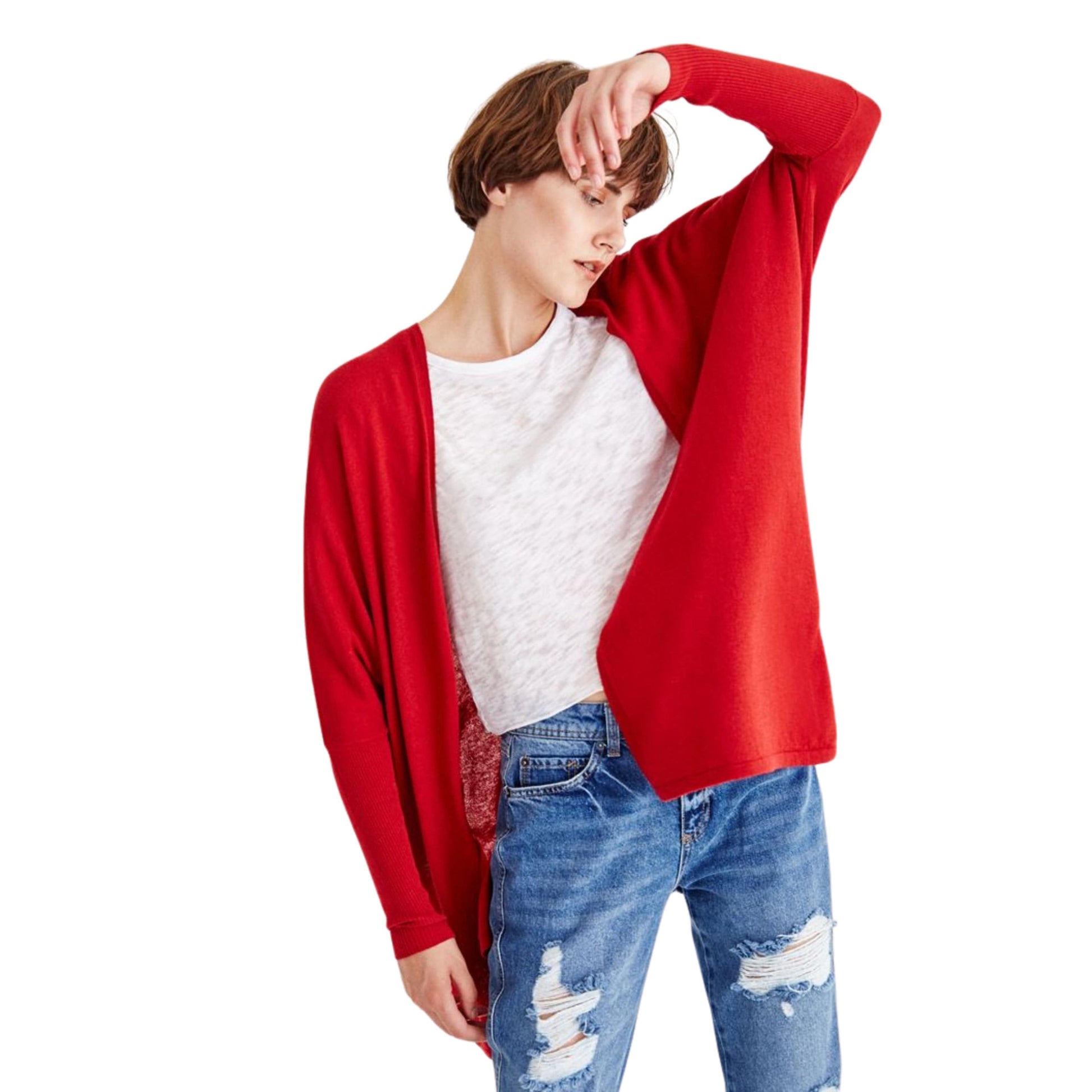 OXXO Womens Jackets One size / Red OXXO - Red Slit Detailed Long Cardigan