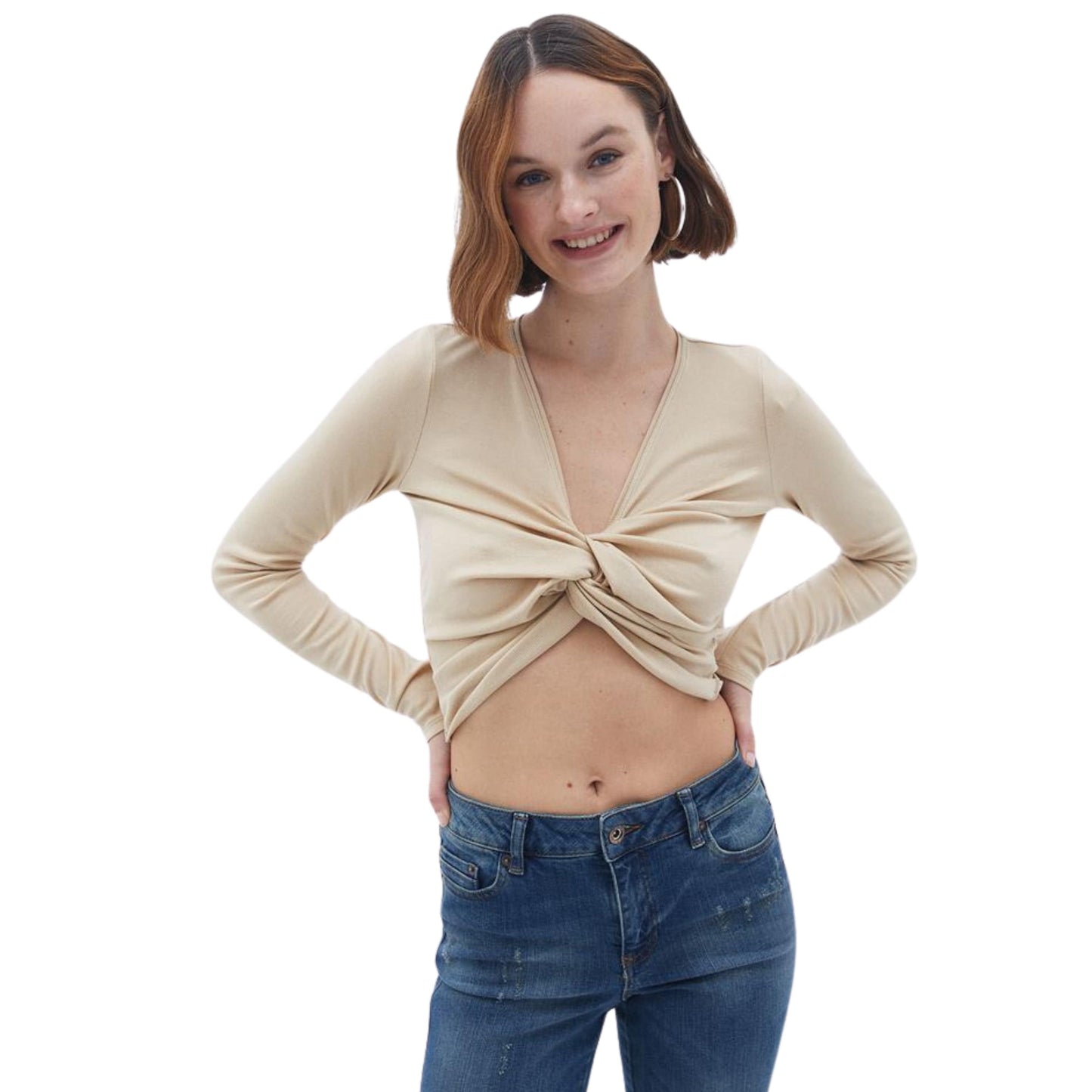 OXXO Womens Tops XS / Beige OXXO -  Crop Blouse with Twist Detail