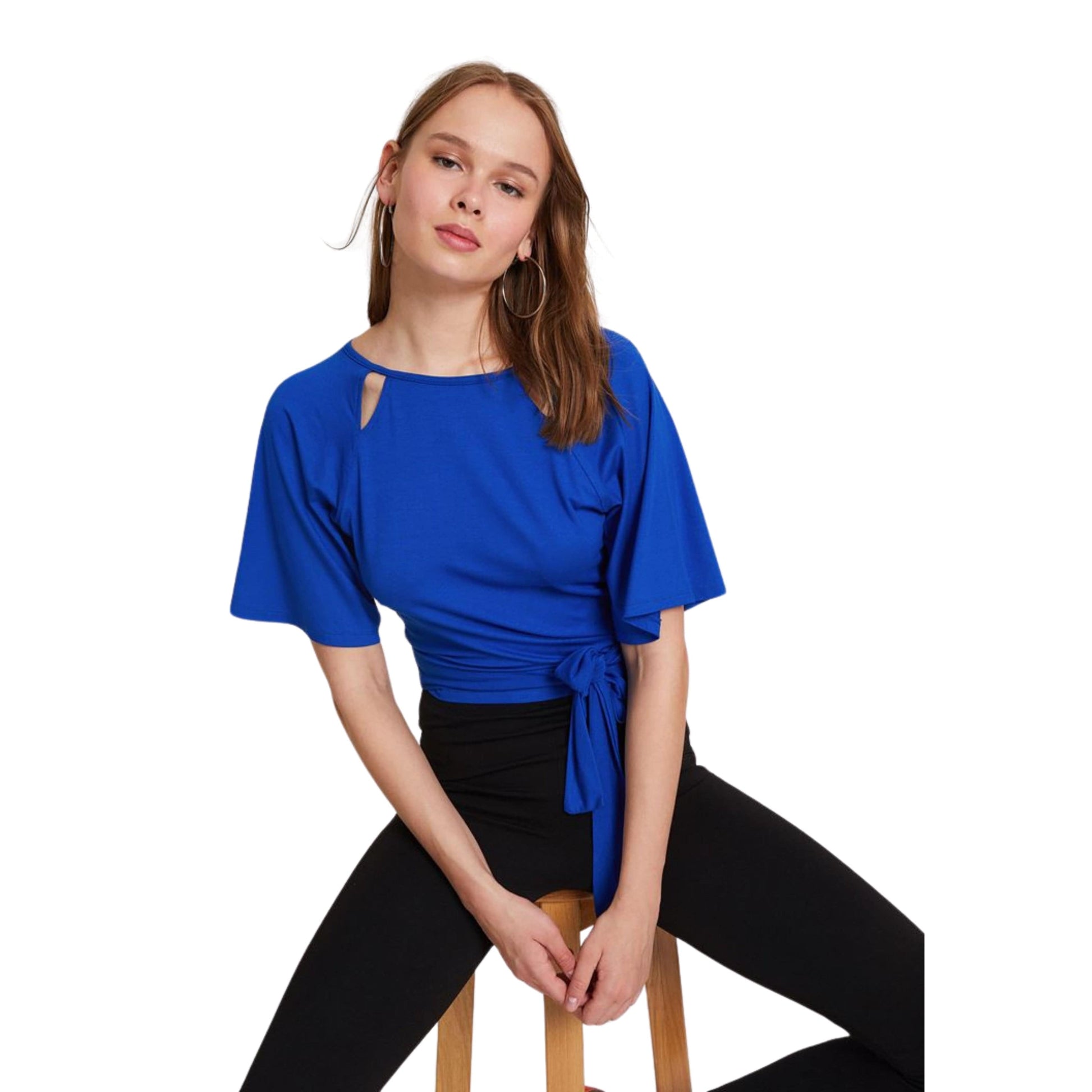 OXXO Womens Tops S / Blue OXXO - Detailed Tied Waist Blouse