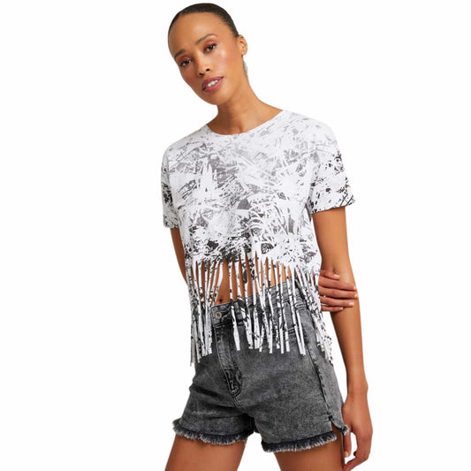 OXXO Womens Tops L / White OXXO - Fringe Trimmed Hem Cropped Top