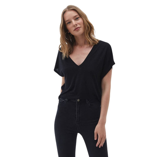 OXXO Womens Tops M / Black OXXO - Linen V-Neck T-Shirt