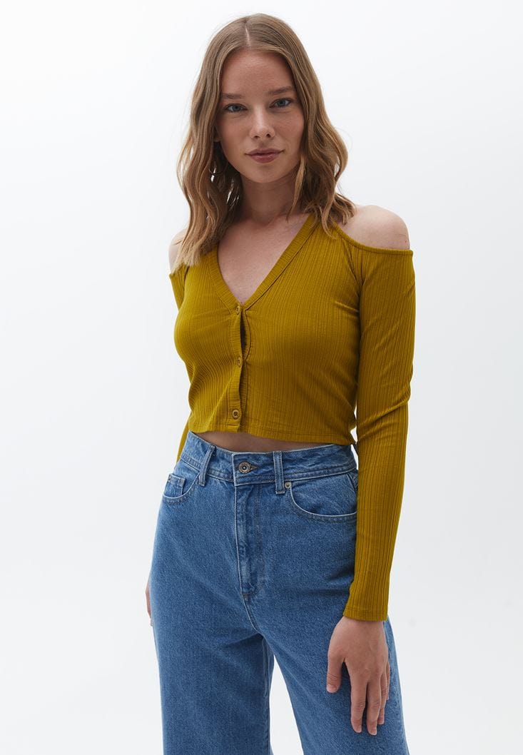 OXXO Womens Tops OXXO - Off-shoulder Crop Top with Button Closure