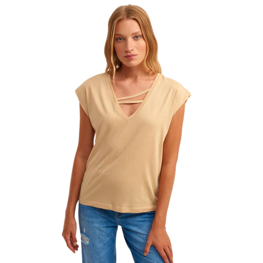 OXXO Womens Tops M / Beige OXXO -  Piping Detailed V-Neck T-Shirt