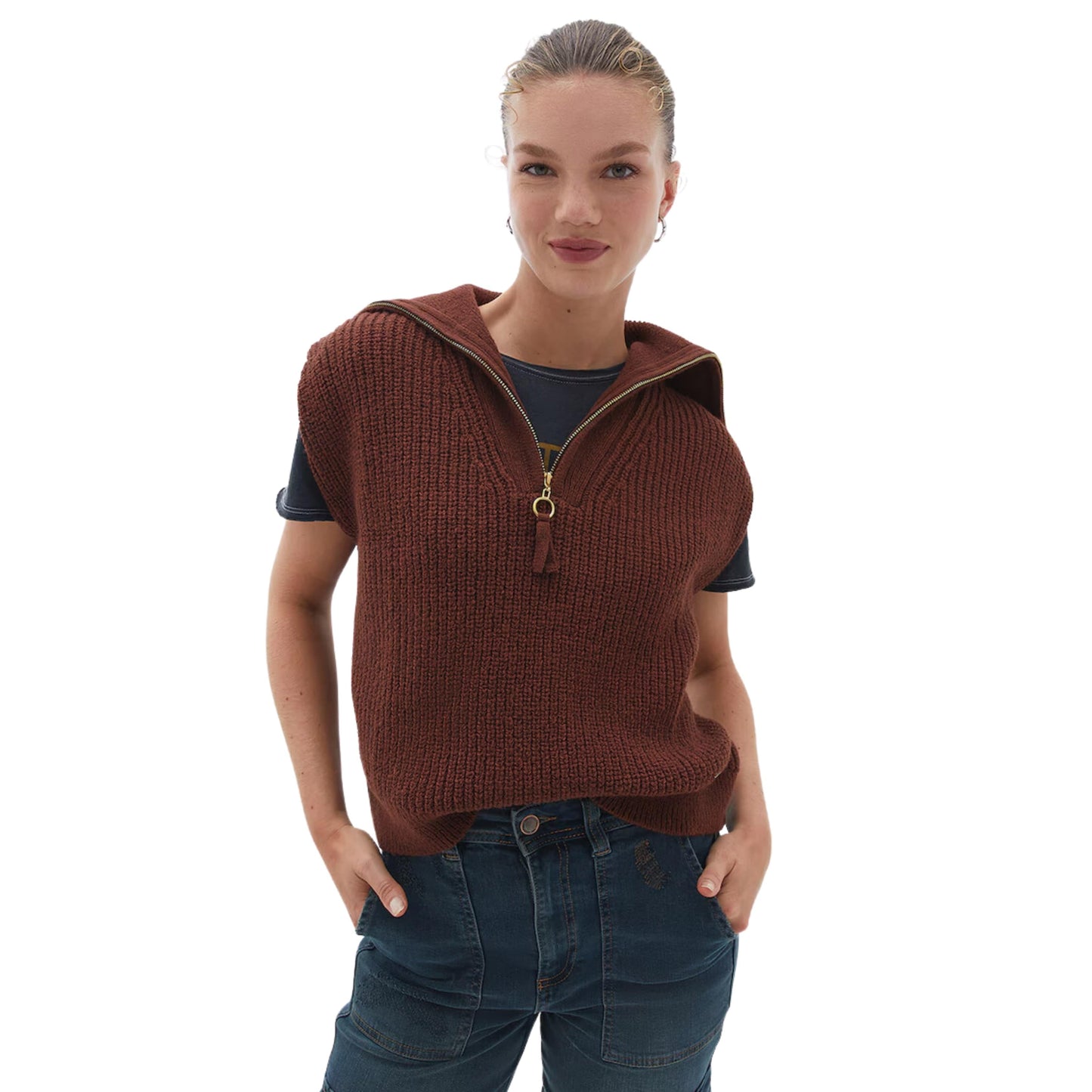 OXXO Womens Tops S / Brown OXXO - Polo Neck Knitwear Vest