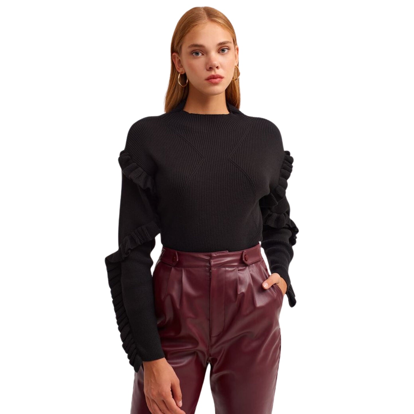 OXXO Womens Tops M / Black OXXO - Ruffle Detailed Crop Sweater