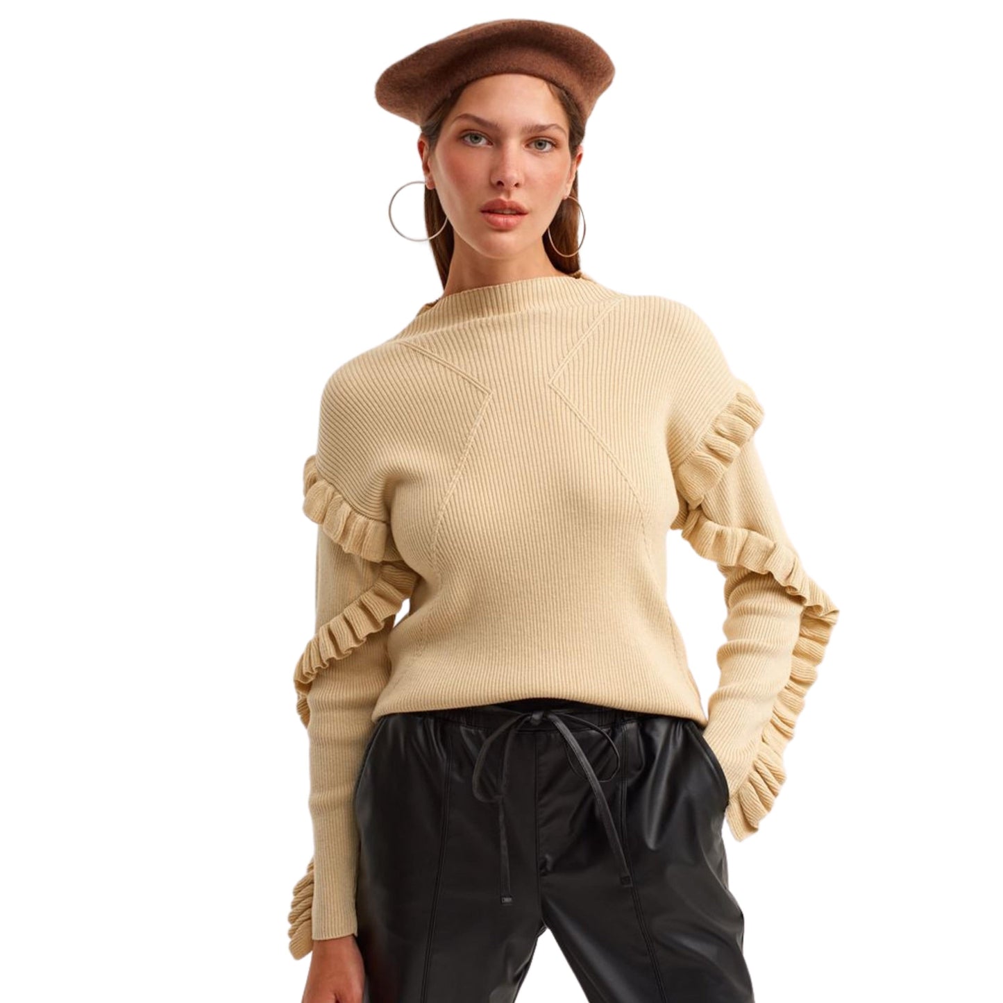 OXXO Womens Tops S / Beige OXXO - Ruffle Detailed Crop Sweater