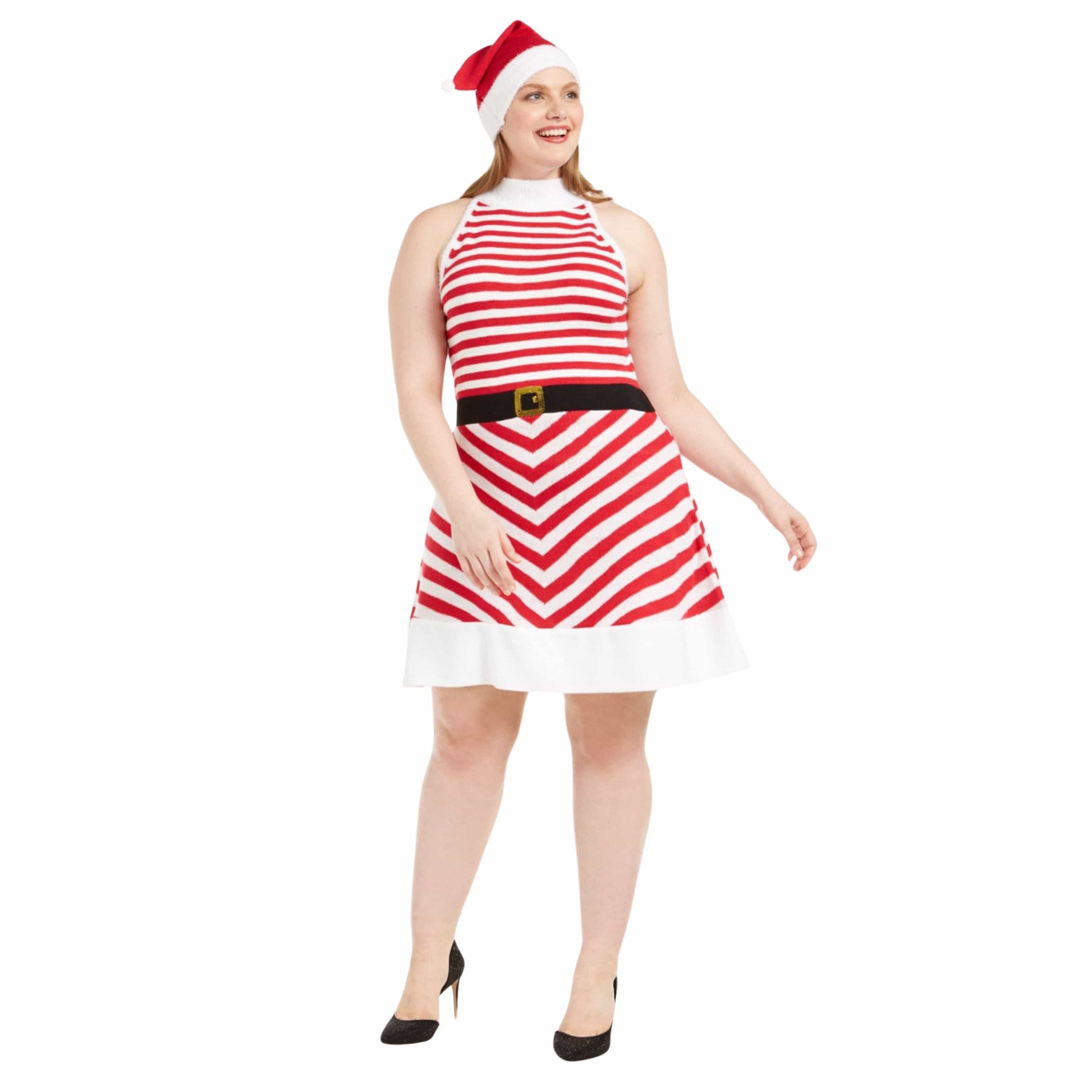 PLANET GOLD Womens Dress M / Multi-Color PLANET GOLD - Striped Fit & Flare Dress & Santa Hat