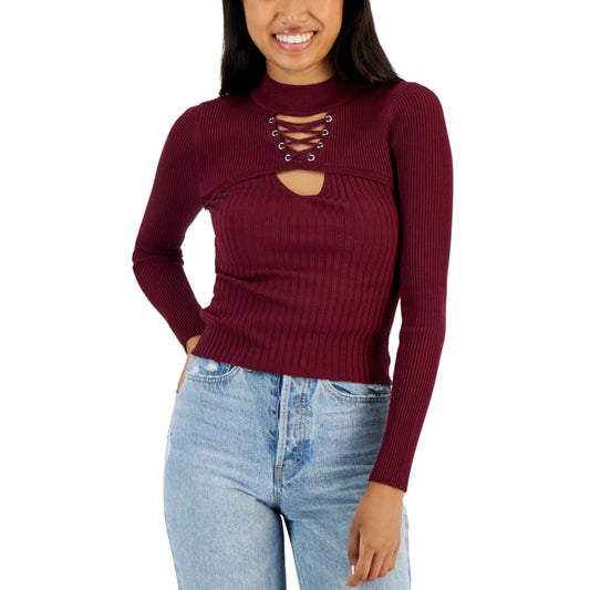 PLANET GOLD Womens Tops M / Burgundy PLANET GOLD - Lace-up Mock Neck Sweater