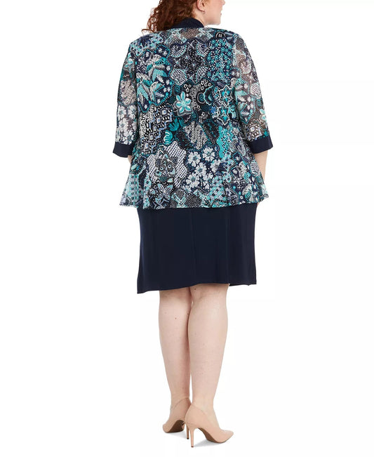 R&M RICHARDS Womens Dress XXL / Navy R&M RICHARDS - 3/4-Sleeve Printed Jacket and Contrast-Trim Dress