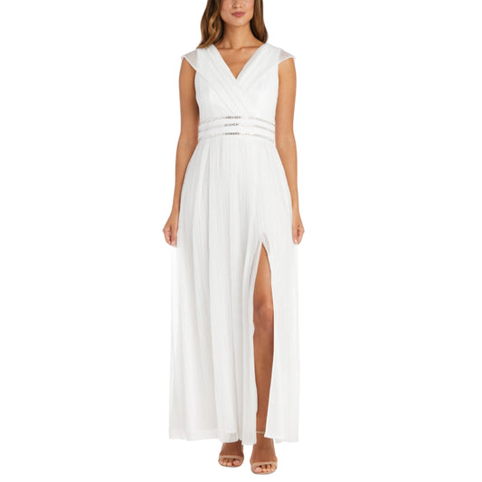R&M RICHARDS Womens Dress XXL / White R&M RICHARDS -  Zippered Textured Glitter High Slit Lined Dress