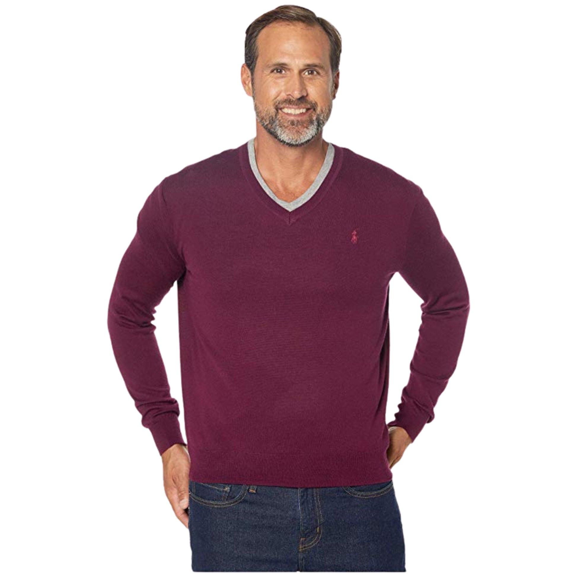 RALPH LAUREN Mens Tops M / Burgundy RALPH LAUREN - Men's Merino Wool V-Neck