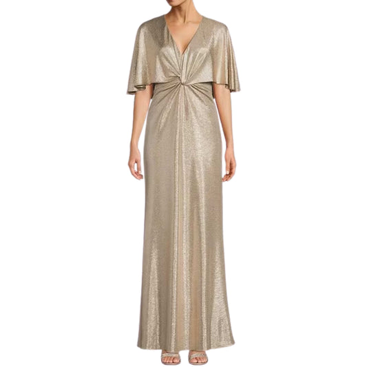 RALPH LAUREN Womens Dress XL / Gold RALPH LAUREN - Metallic V-Neck Sleeveless Cape Overlay Gown Dress