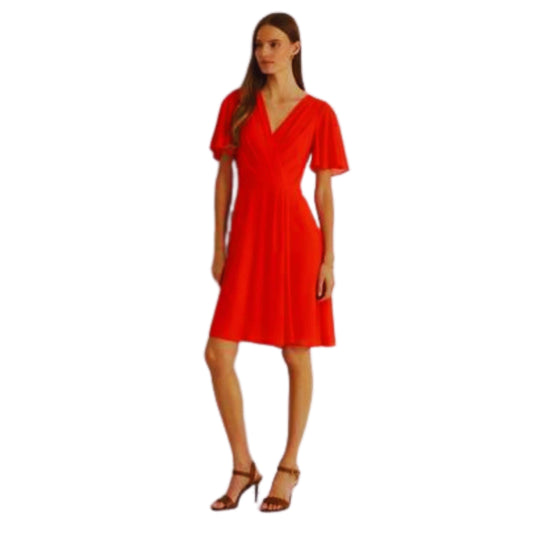 RALPH LAUREN Womens Dress L / Orange RALPH LAUREN - Zippered Pleated Sheer Lined Flutter Sleeve e Dress