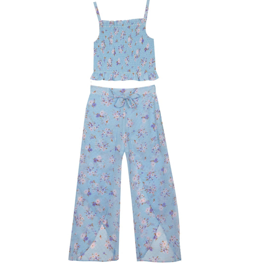 RARE EDITIONS Girls Sets XS / Blue RARE EDITIONS - Kids -  Printed Textured Chiffon Pant Set with Smocked Top, Set of 2