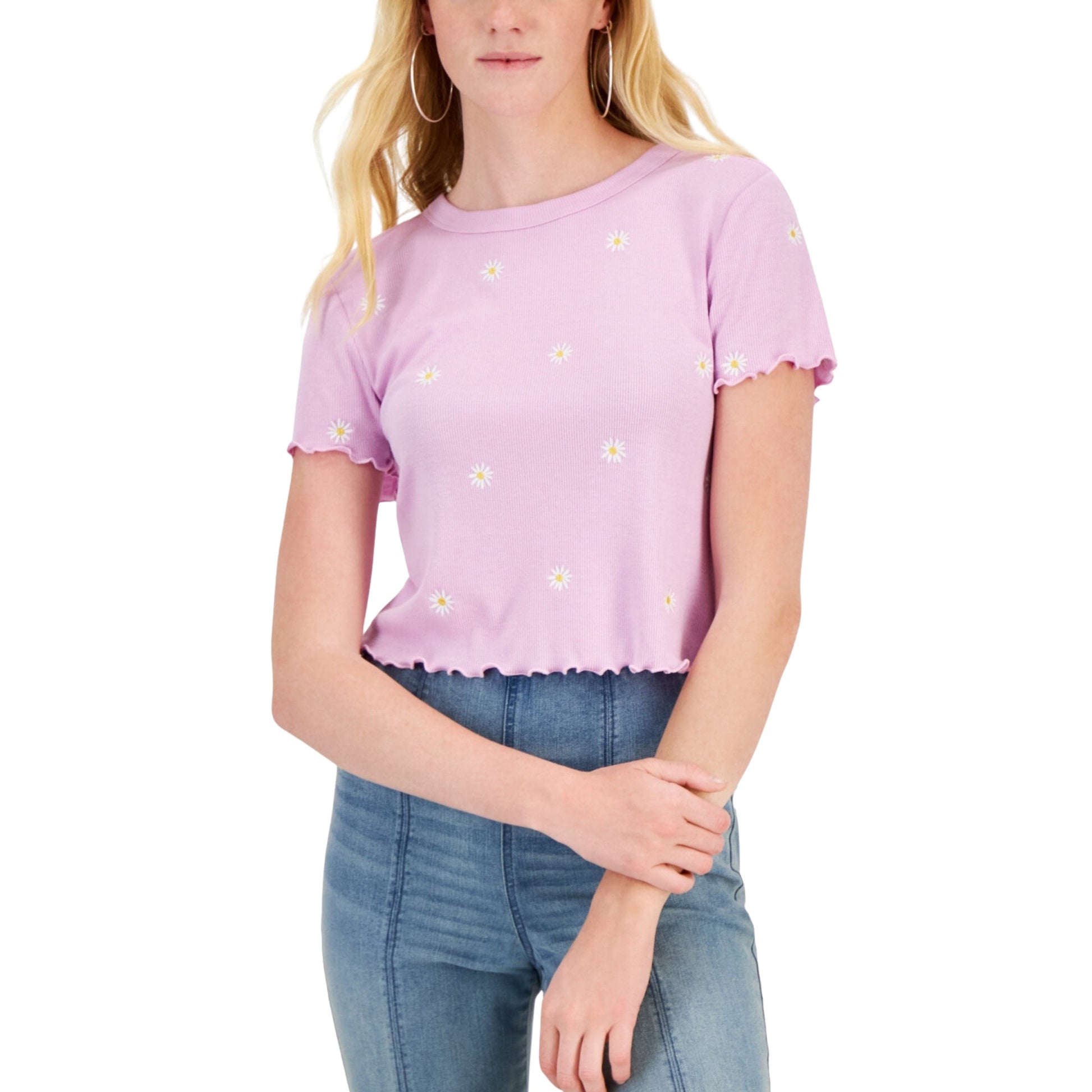 REBELLIOUS ONE Womens Tops XL / Purple REBELLIOUS ONE -  All Over Embroidered Lettuce-Hem T-Shirt