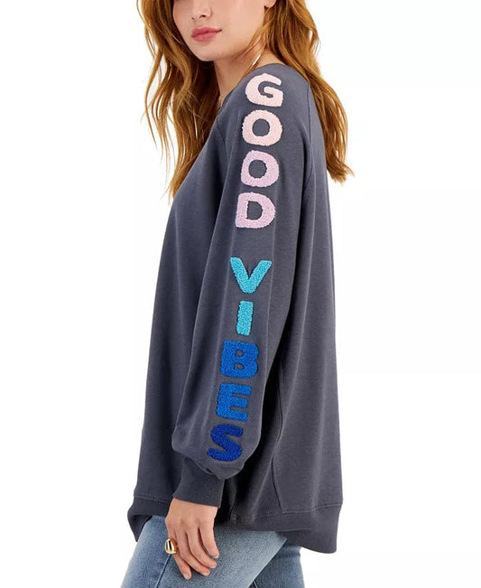 REBELLIOUS ONE Womens Tops XL / Grey REBELLIOUS ONE - Good Vibes Sleeve Crewneck Sweatshirt