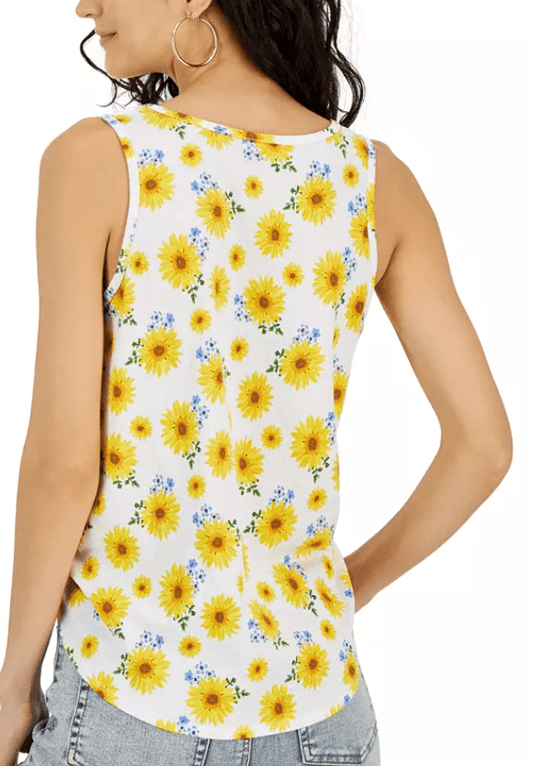 REBELLIOUS ONE Womens Tops M / Multi-Color REBELLIOUS ONE - Juniors' Scoop-Neck Printed Tie-Front Tank Top - White Sunflower