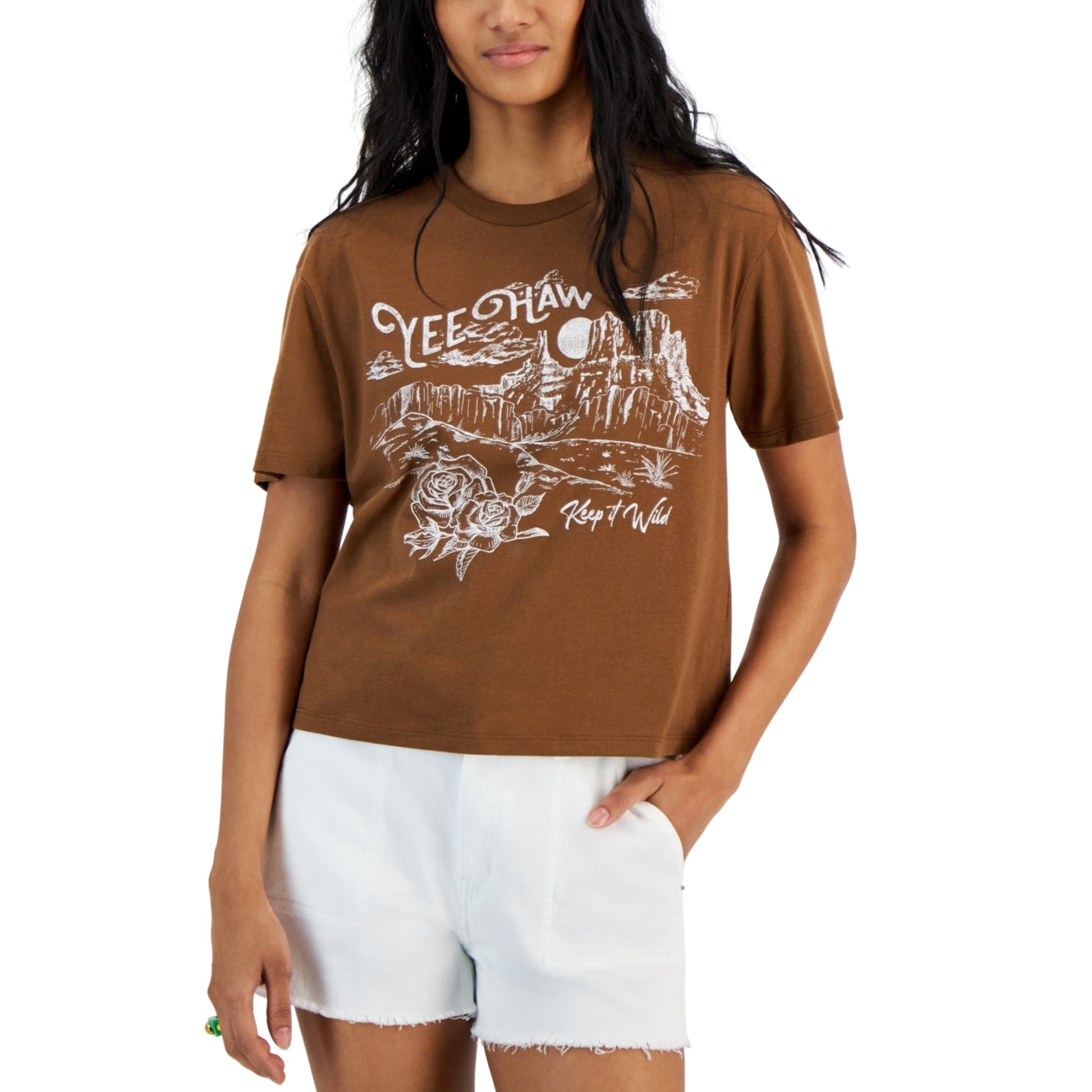 REBELLIOUS ONE Womens Tops S / Brown REBELLIOUS ONE - Yee Haw Desert Cropped T-Shirt