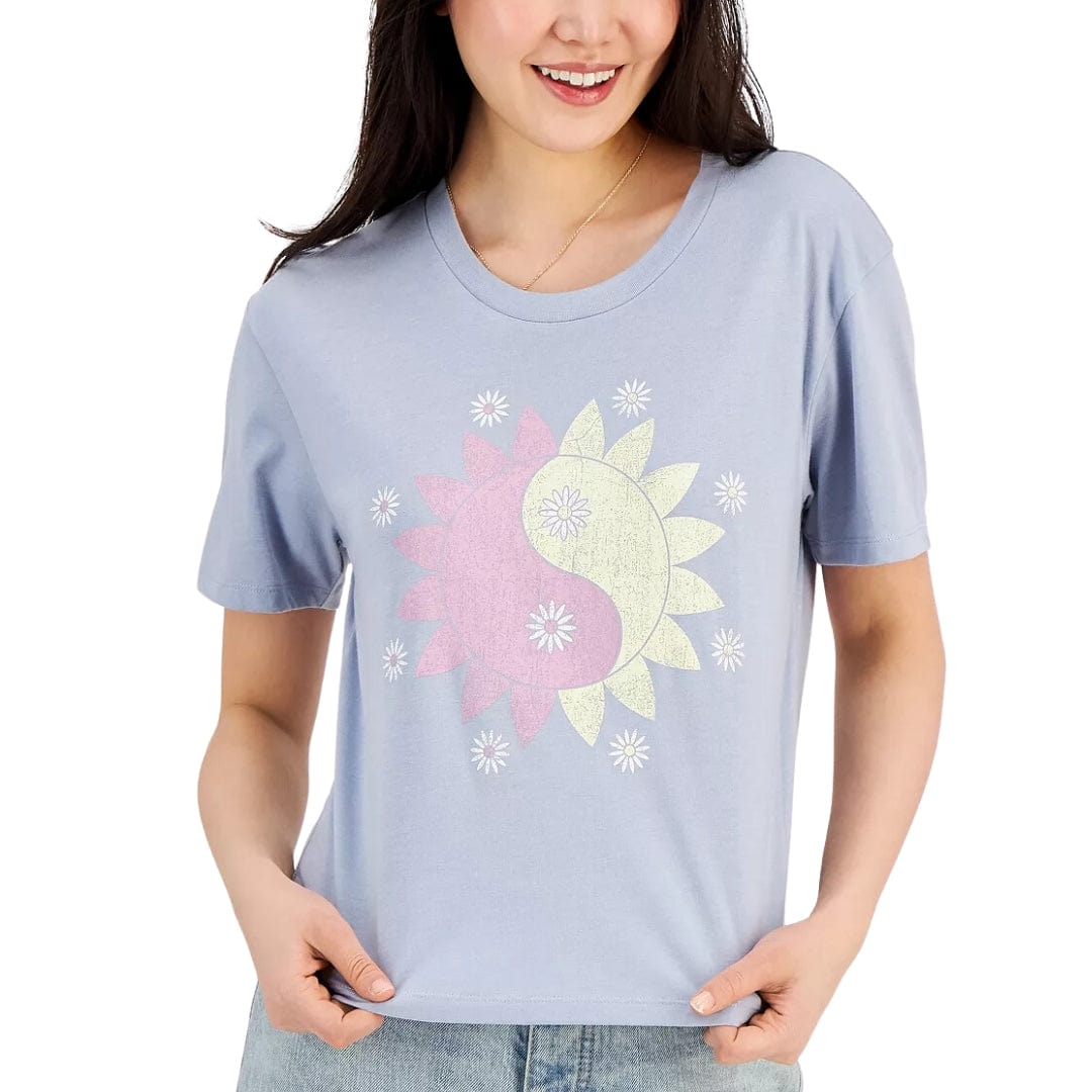 REBELLIOUS ONE Womens Tops S / Blue REBELLIOUS ONE - Yin Yang Flower-Graphic T-Shirt