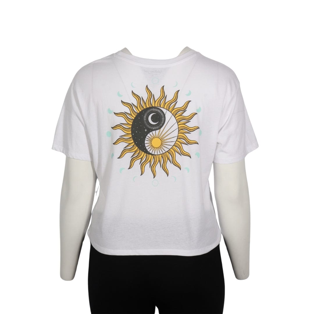 REBELLIOUS ONE Womens Tops S / White REBELLIOUS ONE - Yin-Yang Sun Front-Back Graphic T-Shirt