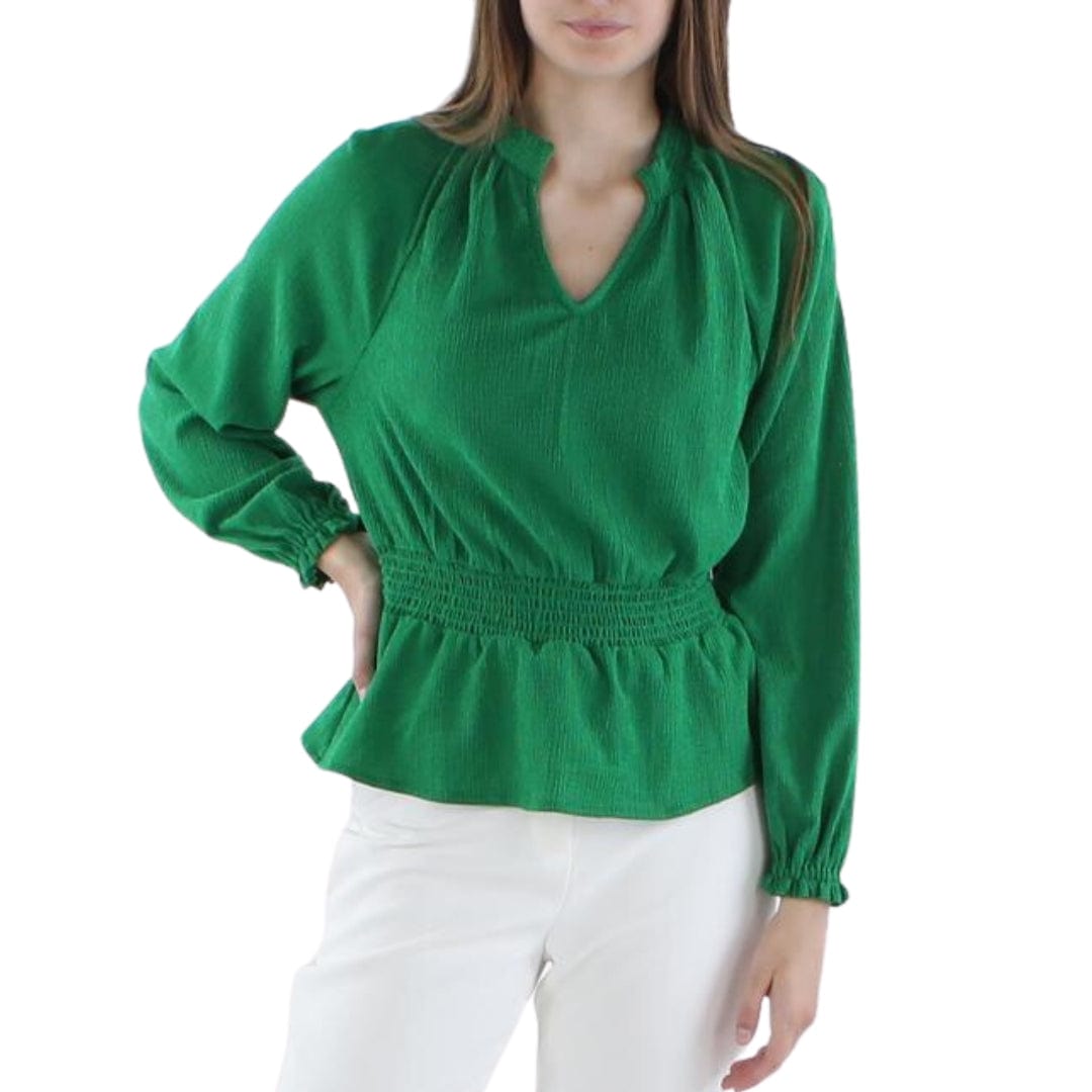 RILEY & RAE Womens Tops RILEY & RAE - Crinkled Split Neck Smocked Peplum Blouse