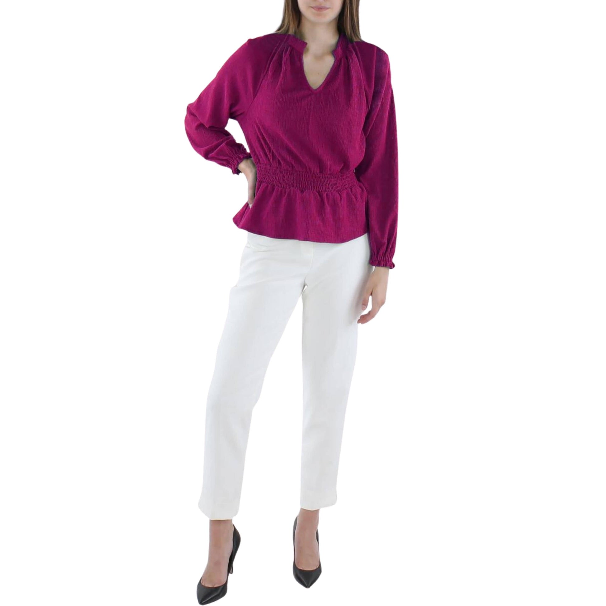 RILEY & RAE Womens Tops XS / Fuschia RILEY & RAE - Crinkled Split Neck Smocked Peplum Blouse