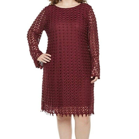 RONNINICOLE Womens Dress L / Burgundy RONNINICOLE - Long Bell Sleeve Lace Sheath DresS