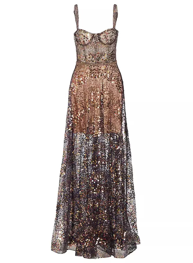 BRONX AND BANCO - Midnight Gold Sequin Sweetheart Evening Dress