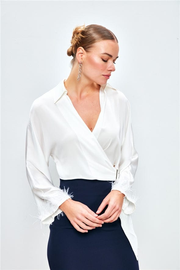 SATEEN Womens Tops SATEEN -  Blouse with decorative feathers on the sleeves