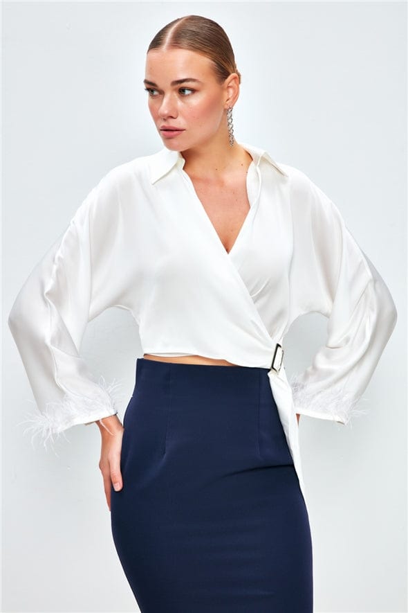 SATEEN Womens Tops SATEEN -  Blouse with decorative feathers on the sleeves