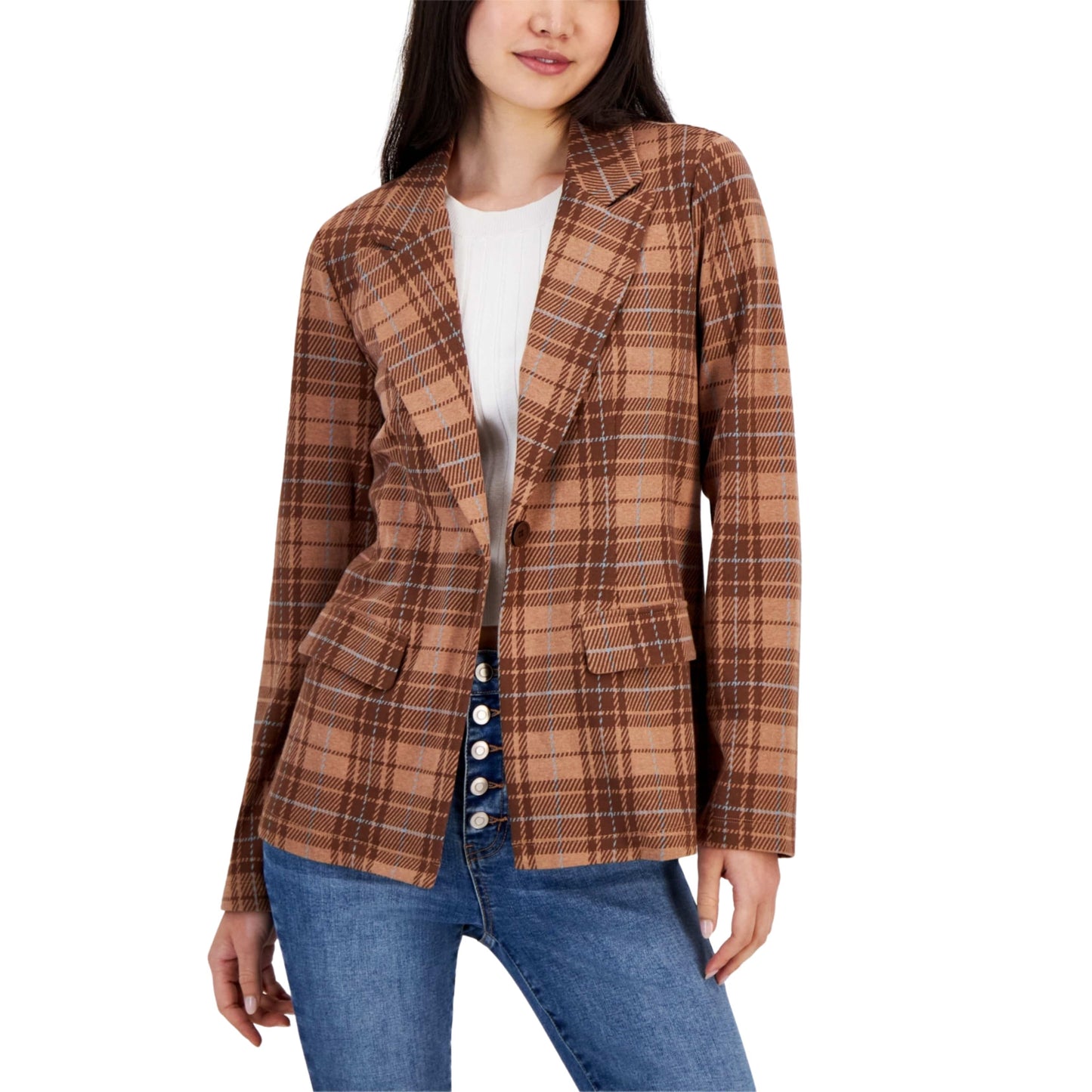 SELF ESTEEM Womens Jackets SELF ESTEEM - Plaid Notched-Lapel Button-up Blazer