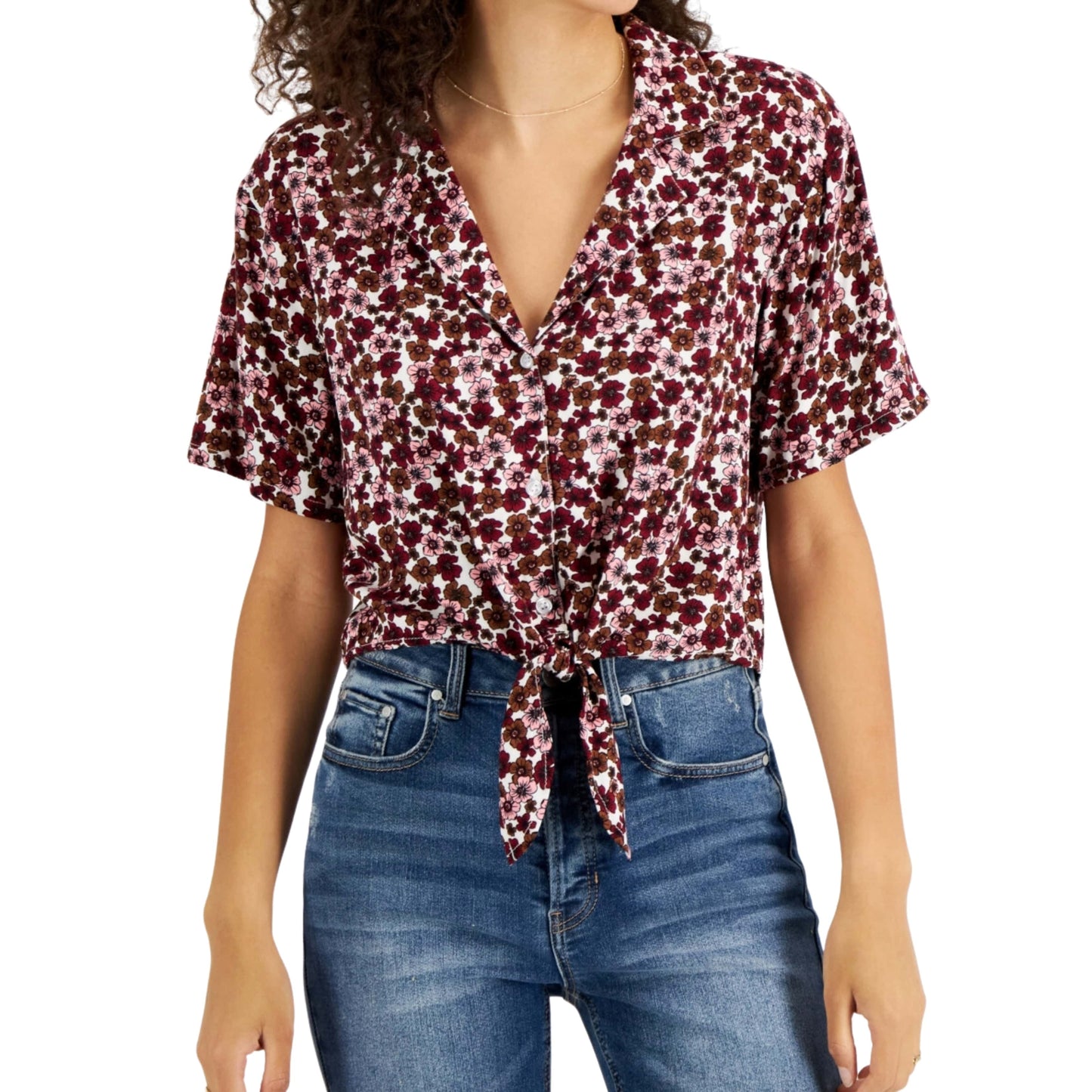 SELFIE Womens Tops M / Multi-Color SELFIE - Floral Tie-Front Shirt