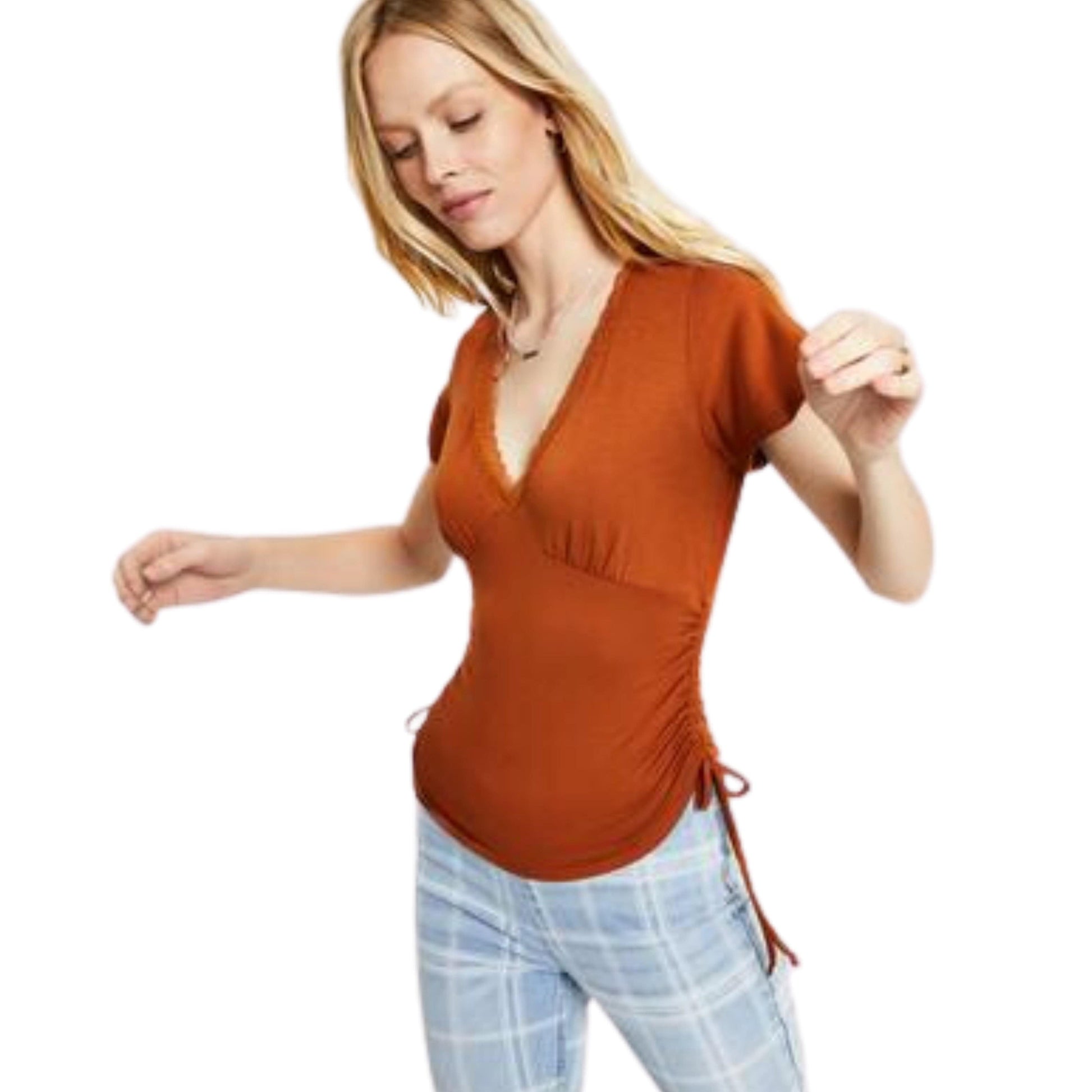 SELFIE Womens Tops L / Orange SELFIE - Side-Ruched V-Neck T-Shirt